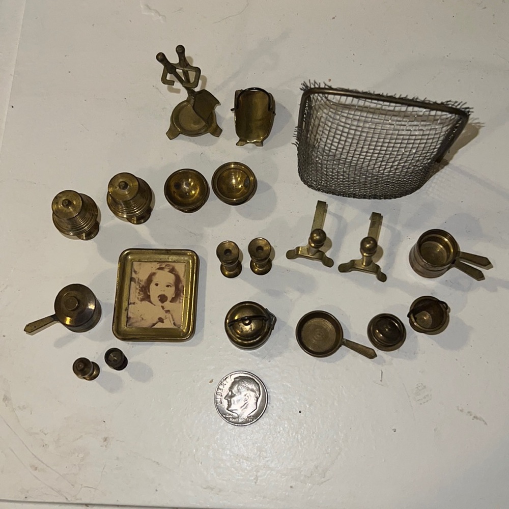 Lot Antique brass dollhouse furniture miniatures pots fireplace lamps vases more